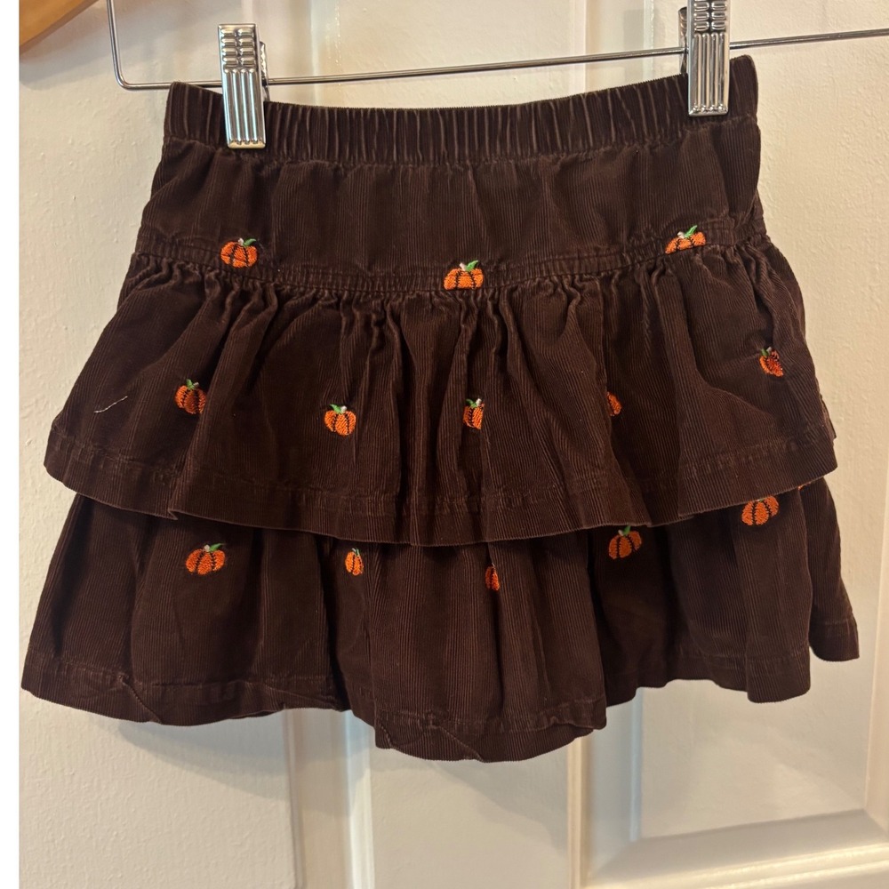 Kellys Kids Girls Brown Corduroy Pumpkin Embroidered Tiered Ruffle Skirt 4-5
